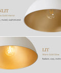 Caiselee 13 in Dome Pendant Light, 1-Light White and Gold Pendant Lighting with matte gold interior and warm glow.