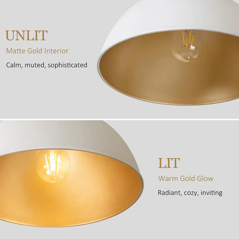 Caiselee 13 in Dome Pendant Light, 1-Light White and Gold Pendant Lighting with matte gold interior and warm glow.