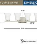 Bayfield Four Light Bath And Wall Light Fixture With Satin Etched Glass Shades In Brushed Nickel Finish, dimensions shown