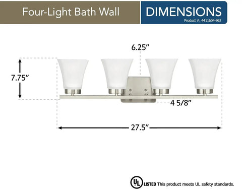 Bayfield Four Light Bath And Wall Light Fixture With Satin Etched Glass Shades In Brushed Nickel Finish, dimensions shown