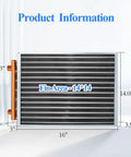 Top Tier Water To Air Heat Exchanger 14 X 14 Inches With One Inch Copper Ports For Outdoor Wood Furnaces And Residential HVAC Plus Straightfire Forced Air Cooling front view with dimension details.
