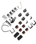 Assembly components for Six Degree Of Freedom Aluminum Robot Mechanical Arm Claw Kit With Servo Motors For DIY Robotics Project.