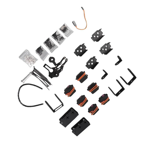 Assembly components for Six Degree Of Freedom Aluminum Robot Mechanical Arm Claw Kit With Servo Motors For DIY Robotics Project.