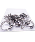 24 Piece Stainless Steel Hose Clamps Kit For Auto And Plumbing, multiple sizes displayed on a clear tray, heavy duty adjustable worm gear clamps