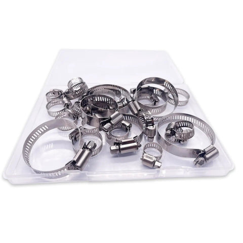 24 Piece Stainless Steel Hose Clamps Kit For Auto And Plumbing, multiple sizes displayed on a clear tray, heavy duty adjustable worm gear clamps