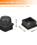 Eight Piece Adjustable Leveling Feet Inserts For 1.18 By 1.18 Inch Square Tubes With M8 1.25mm Thread Black Plastic End Caps And Plugs For Furniture And Chairs Easy Install, showing detailed dimensions and thread size.