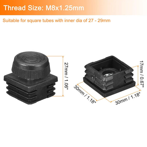Eight Piece Adjustable Leveling Feet Inserts For 1.18 By 1.18 Inch Square Tubes With M8 1.25mm Thread Black Plastic End Caps And Plugs For Furniture And Chairs Easy Install, showing detailed dimensions and thread size.