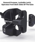 Close-up of black Two Sided Gate Latch With External Button And Key Lock For Square Post Fence Gates, operates from both sides