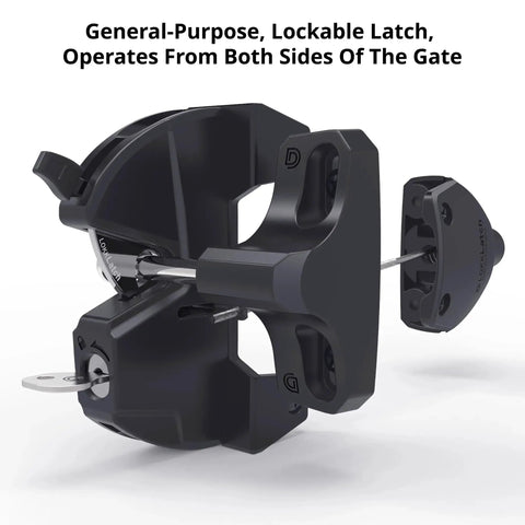 Close-up of black Two Sided Gate Latch With External Button And Key Lock For Square Post Fence Gates, operates from both sides