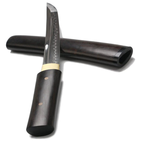 Hand Forged Japanese Tanto Short Sword 15 Inch Tempered T10 Steel With Full Tang Ebony Wood Sheath Bamboo Nail Accents