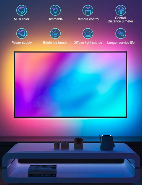 LED Backlight Kit for 40 to 75 Inch TVs illuminating wall with multi-color RGB lighting, remote control and dimmable features shown