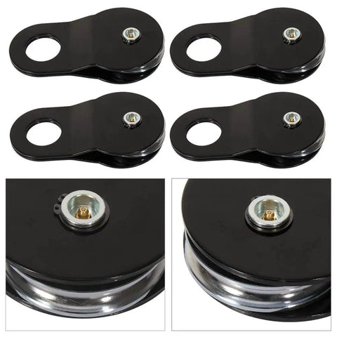 Beefy Heavy Duty Recovery Winch Snatch Block Pulley Kit For One Half To Three Quarter Inch Cable Twenty Thousand Pound Capacity Forged Steel With Black Powder Coat Four Block Set For Off Road Towing And Vehicle Recovery, 4 black steel pulleys