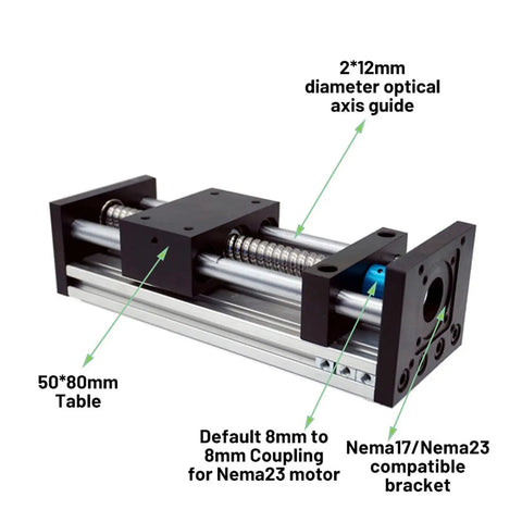 Heavy Duty Nema 23 Stepper Driver With Slick Linear Rail Kit And Hella Smooth Ball Screw Slide Stage 50 To 300 MM Stroke with optical axis guide.