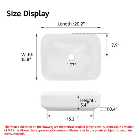 Dimensions of Rectangular Bathroom Vessel Sink, Above Counter Top Mount, Porcelain Ceramic, Glossy White, 19.7 x 15.2 x 5.4 Inches, Thick Glaze Finish, Sleek Countertop Basin For Modern Powder Room Or Master Bath.