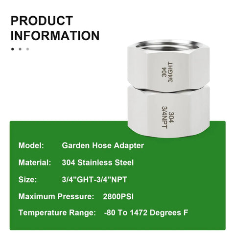 Heavy Duty 304 Stainless Steel Garden Hose Adapter Set 3/4 GHT Female To 3/4 NPT Female Swivel Fittings With Washers To Keep Leaks At Bay, rustproof adapter