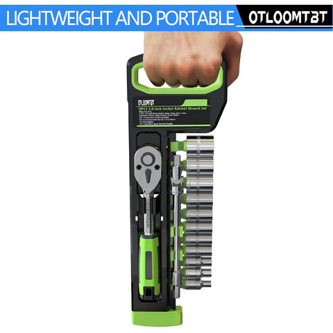 Quarter Inch Drive Ratchet Socket Set With Metric 4mm To 14mm Sockets shown with portable organizer case, green handle visible.