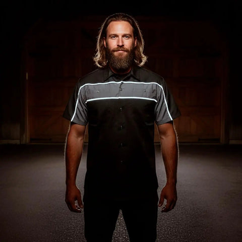 Mens Grey Black Mechanic Work Shirt With Reflective Strip Heavy Duty Button Up For Tough Jobs Breathable Cotton Polyester Blend Built To Last All Day Comfort And Durability Size Large