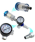 Professional Spray Gun Pressure Regulator Featuring A No Nonsense Oil Water Separator Filter To Keep Damp Moisture Out and Guarantee A Straight Up Slick Finish On Every Detail Job, showing gauge and filter.