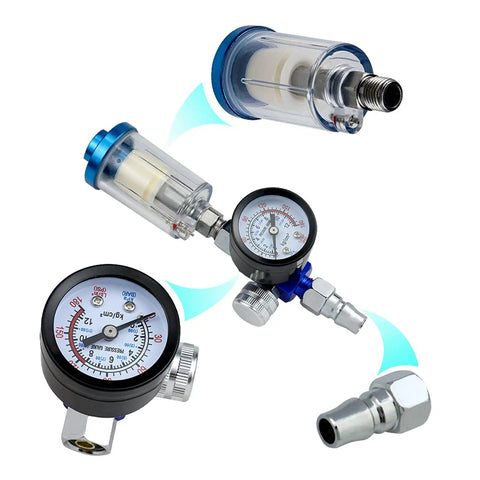 Professional Spray Gun Pressure Regulator Featuring A No Nonsense Oil Water Separator Filter To Keep Damp Moisture Out and Guarantee A Straight Up Slick Finish On Every Detail Job, showing gauge and filter.