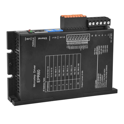 Side view of EP60 microstep driver for NEMA 23 stepper motors; black enclosure with top terminal block.