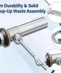 Premium metal pop-up waste assembly with solid construction, part of the Upgraded Series Rough-In Valve with Drain Assembly, brass.