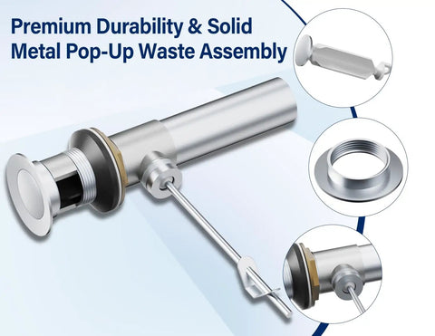 Premium metal pop-up waste assembly with solid construction, part of the Upgraded Series Rough-In Valve with Drain Assembly, brass.