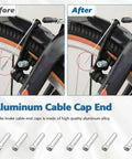 Comparison of aluminum cable cap ends on bike brake cable before and after installation.
