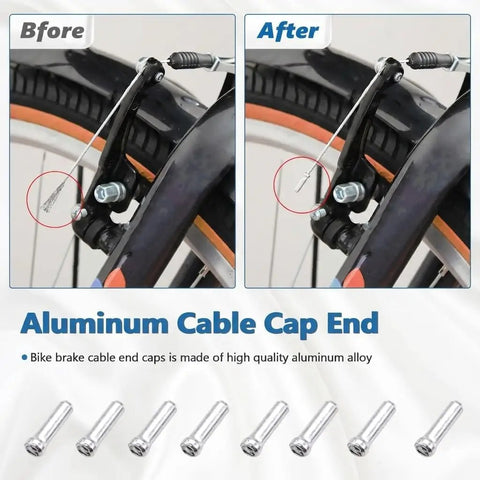 Comparison of aluminum cable cap ends on bike brake cable before and after installation.