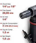 One Quarter Inch Angle Die Grinder With Pistol Grip Air Powered 20000 RPM AP17315 displaying chuck size, air consumption, weight.