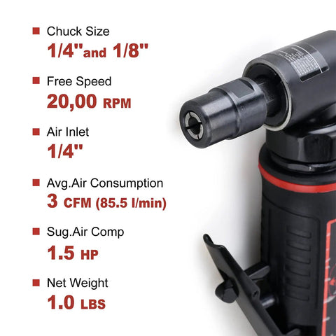 One Quarter Inch Angle Die Grinder With Pistol Grip Air Powered 20000 RPM AP17315 displaying chuck size, air consumption, weight.