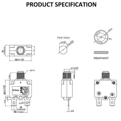 12 Amp Thermal Circuit Breaker With Push Button Reset Waterproof Button Cap Quick Connect Terminals 88 Series Built Tough For Automotive Marine And Industrial Power Systems 32VDC And 125 250 VAC technical drawing