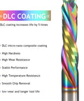 Spiral router bit with rainbow DLC coating and 1/4 in shank, close-up view