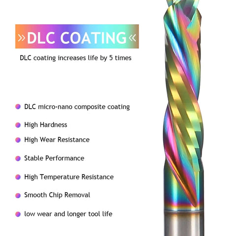 Spiral router bit with rainbow DLC coating and 1/4 in shank, close-up view