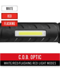 Polysteel 700 LED Flashlight 800 Lumens Heavy Duty showing COB optic with white, red, flashing modes