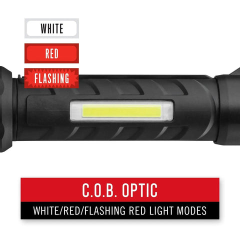 Polysteel 700 LED Flashlight 800 Lumens Heavy Duty showing COB optic with white, red, flashing modes