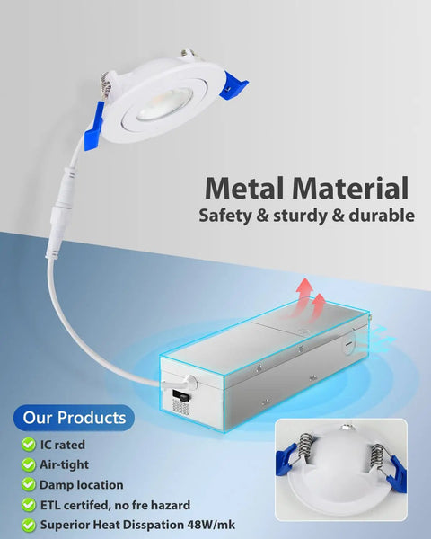 Adetu 4 Pack 2 inch 5CCT LED Gimbal Recessed Light showing metal housing and connector, ideal for various room temperatures.