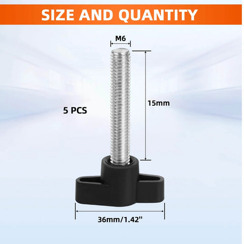 Beefy Black Z Type Thumb Screws 5 Pack M6 x 15mm Plastic Head T Shaped Wing Knobs For Mechanical Assemblies Carbon Steel Insulated Durable Quick Adjust Knobs, showing detailed size and quantity description, including 36mm width and M6 thread dimensions.