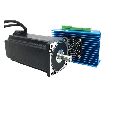 NEMA 34 closed-loop stepper motor with brake beside blue heatsink driver with green terminal block