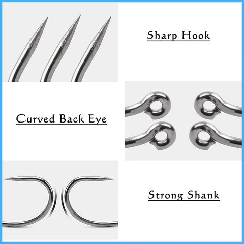 Close-up of Fishing Hooks Kit 200 Pcs Barbless Circle And Curve Shank Hooks showing sharp points, curved back eye, and strong shank.