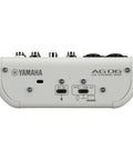 Back panel of White 6 Channel Live Streaming Mixer With USB Audio Interface Loopback DSP Effects Dual Phantom Mic Preamps AG Controller Windows Mac Steinberg Software Suite Included for Streamers and Podcasters showing USB ports.