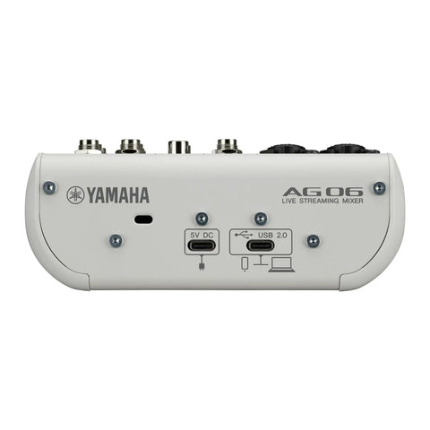 Back panel of White 6 Channel Live Streaming Mixer With USB Audio Interface Loopback DSP Effects Dual Phantom Mic Preamps AG Controller Windows Mac Steinberg Software Suite Included for Streamers and Podcasters showing USB ports.
