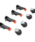Pro Grade 3 Inch Heavy Duty Retractable Casters Roll Like Butter With 1100 Lb Load Capacity And No Sweat Height Adjustment For Rock Solid Workbench Stability And Serious Gear Hauling On Shop Floors featuring black casters and orange levers.