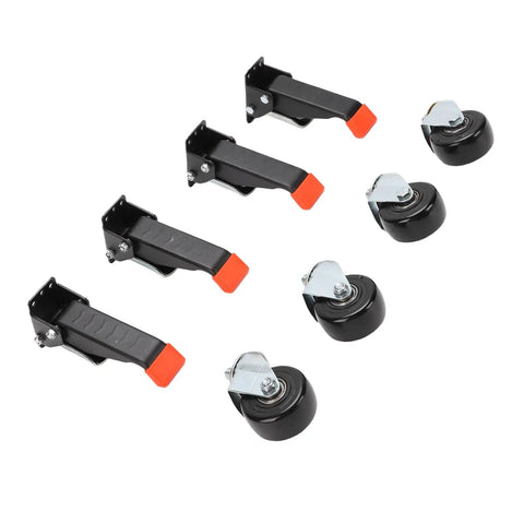 Pro Grade 3 Inch Heavy Duty Retractable Casters Roll Like Butter With 1100 Lb Load Capacity And No Sweat Height Adjustment For Rock Solid Workbench Stability And Serious Gear Hauling On Shop Floors featuring black casters and orange levers.
