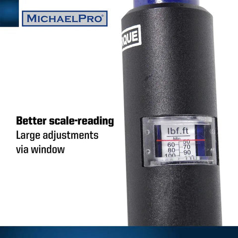 Close-up of scale window on 2-In-1 Lug Wrench And Torque Wrench, micro adjustable torque settings for auto tire changes.