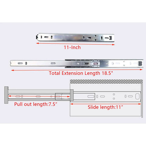 Illustration showing 11 Inch Drawer Slides With Ball Bearing Rails For Smooth No Squeak Action, Side Mount Design, Full Extension To 18.5 Inches