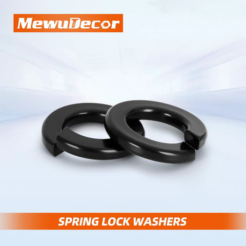 Front view of two black MewuDecor #8 spring lock washers; stainless steel 18-8 (304) with black finish, 100 pcs