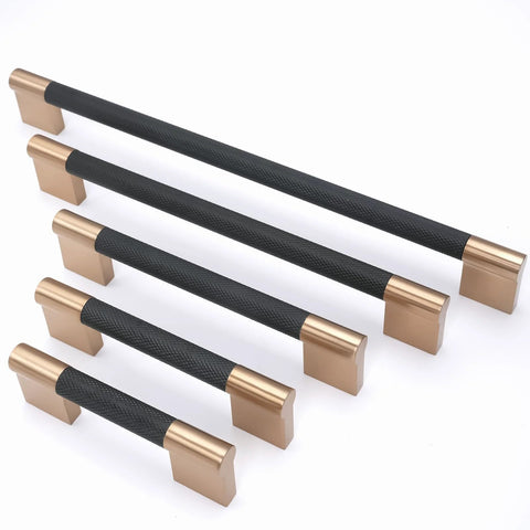 Ten Pack Knurled Cabinet Handles Center To Center Five Inch Black And Champagne Copper Kitchen Cabinet Hardware displayed in varying sizes.