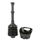 Black Bellows Accordion Toilet Plunger With Drip Tray and Storage Tray, Heavy Duty Clog Buster, plumbing tool displayed on white background
