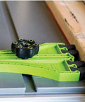 Portable Saw Featherboard Crafted For 5/8 Or 3/4 Slot With Rock Solid Eva Foam on a table saw with wood.