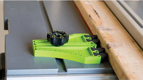 Portable Saw Featherboard Crafted For 5/8 Or 3/4 Slot With Rock Solid Eva Foam on a table saw with wood.